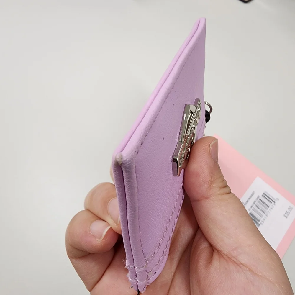 Juicy Couture Pink Faux Leather Glam Card Case Wallet Silver Heart Keychain Clip